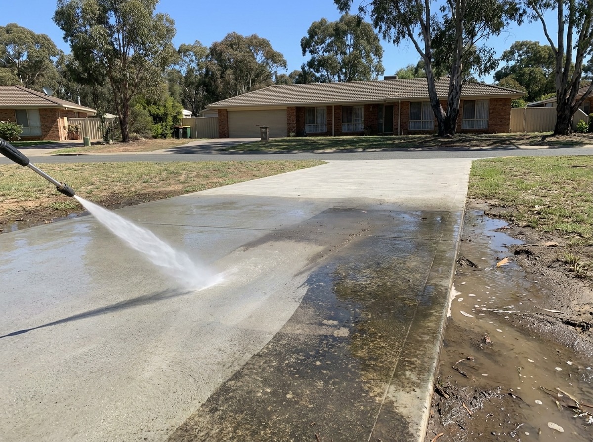 A suburban driveway being washed clean with high pressure water