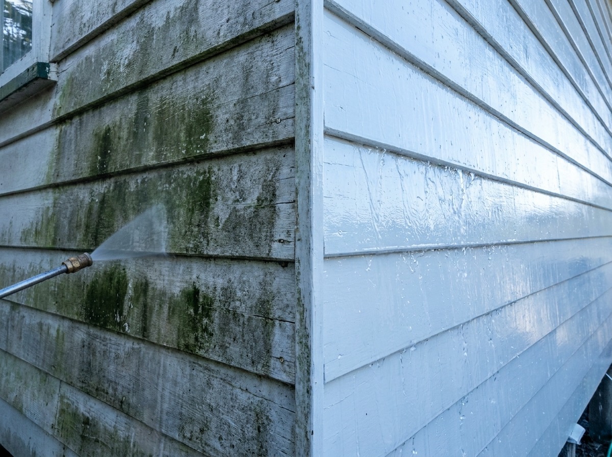 Weatherboard cladding being washed clean of green mould