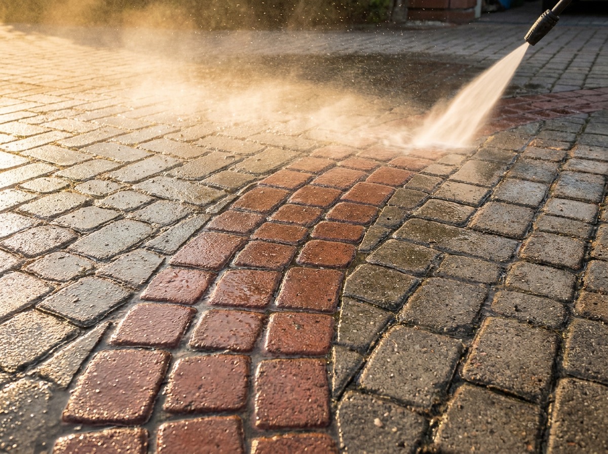 Brick pavers being washed clean with high pressure water