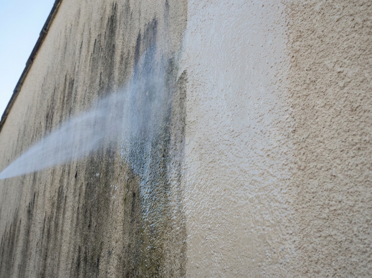 A rendered wall being soft washed, half clean and half stained