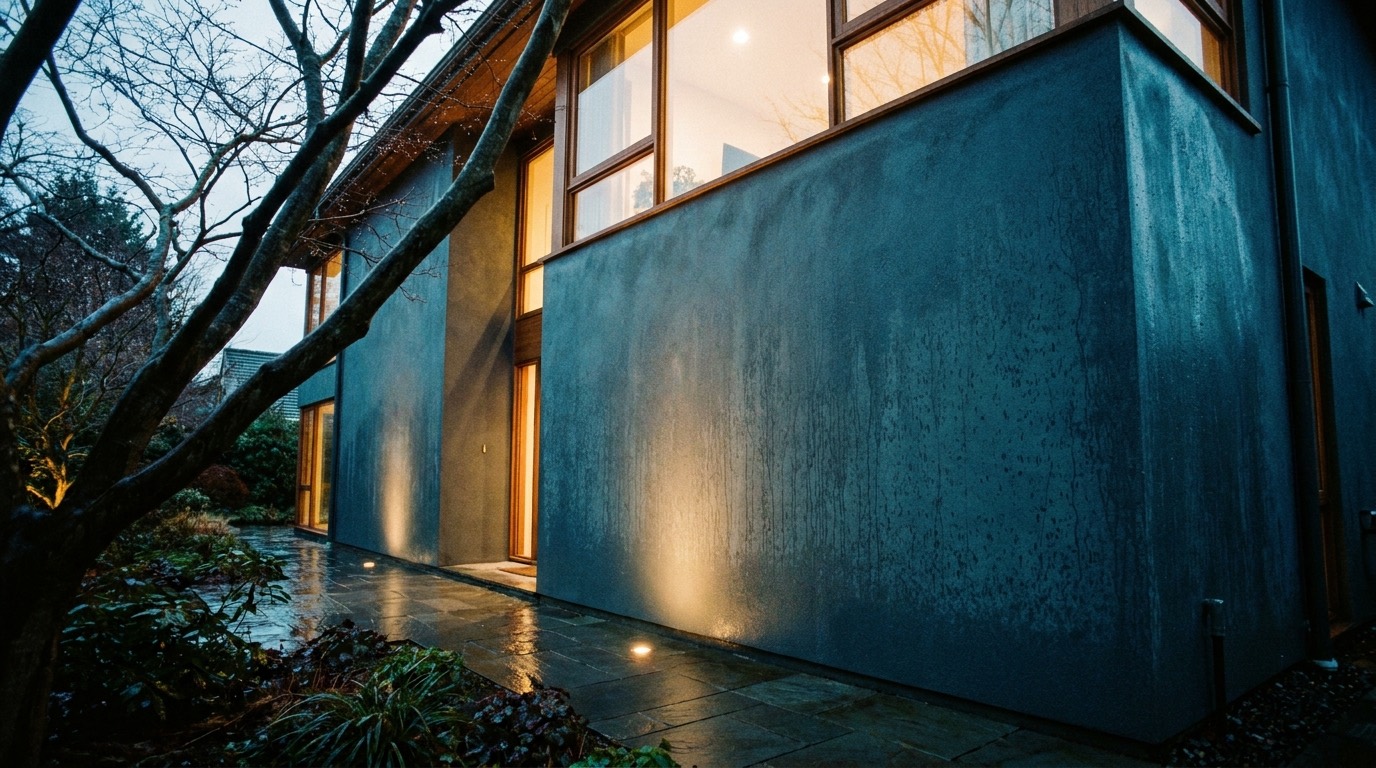 A rendered house wall being soft washed at dusk