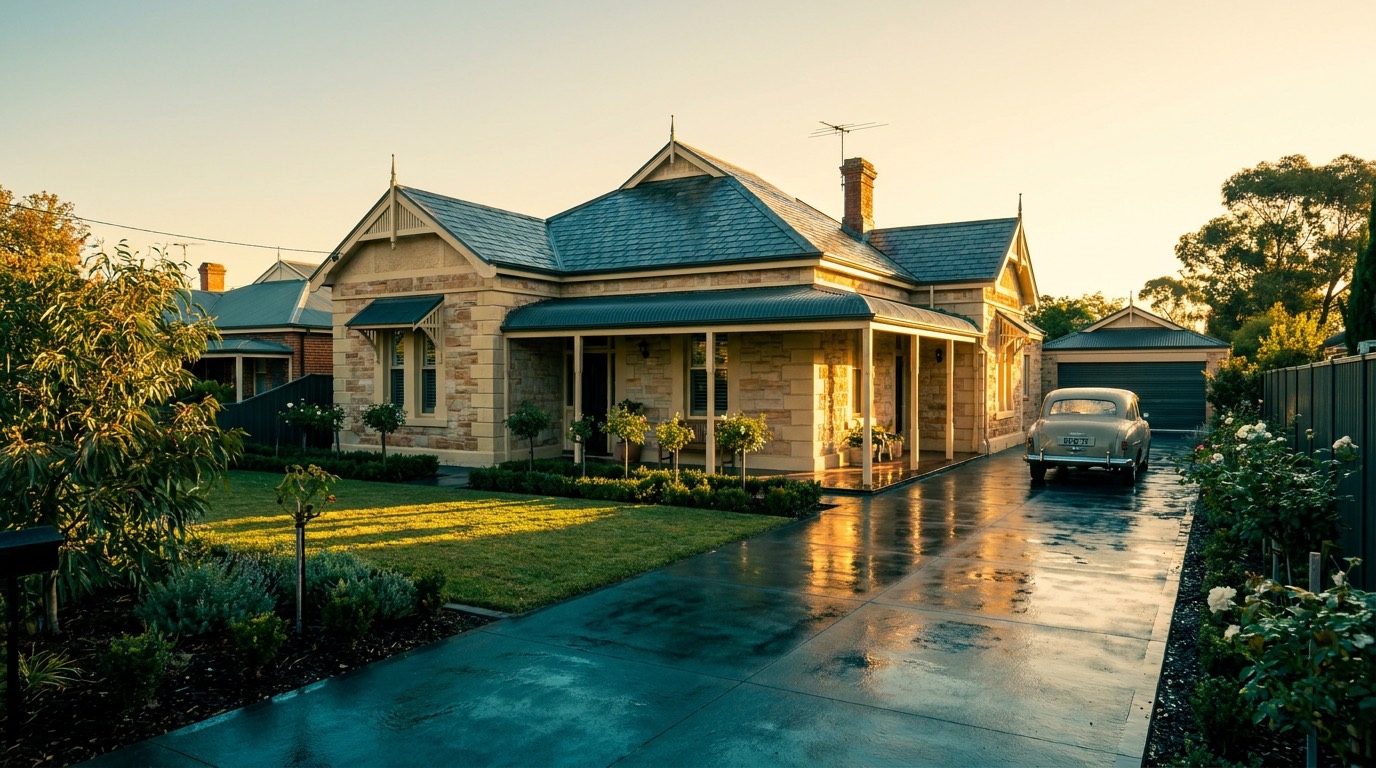 An Australian home at golden hour with a freshly washed driveway