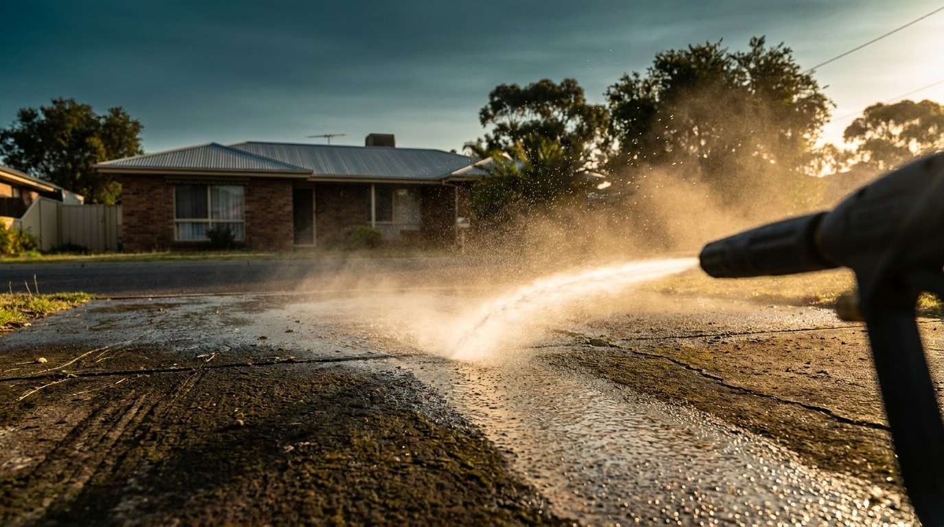 A home exterior being washed down at dusk