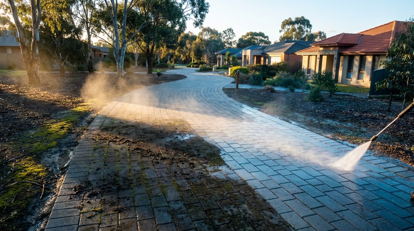 A suburban path being washed clean beneath gum trees
