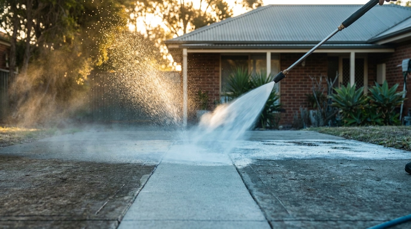 A brick home in Ballarat having its concrete path pressure washed
