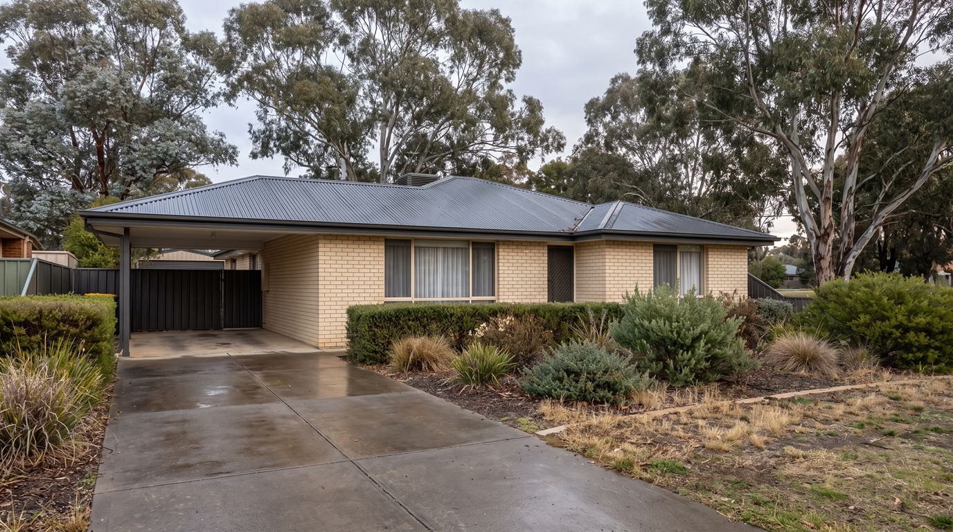 A brick home with a carport and concrete driveway, under gum trees