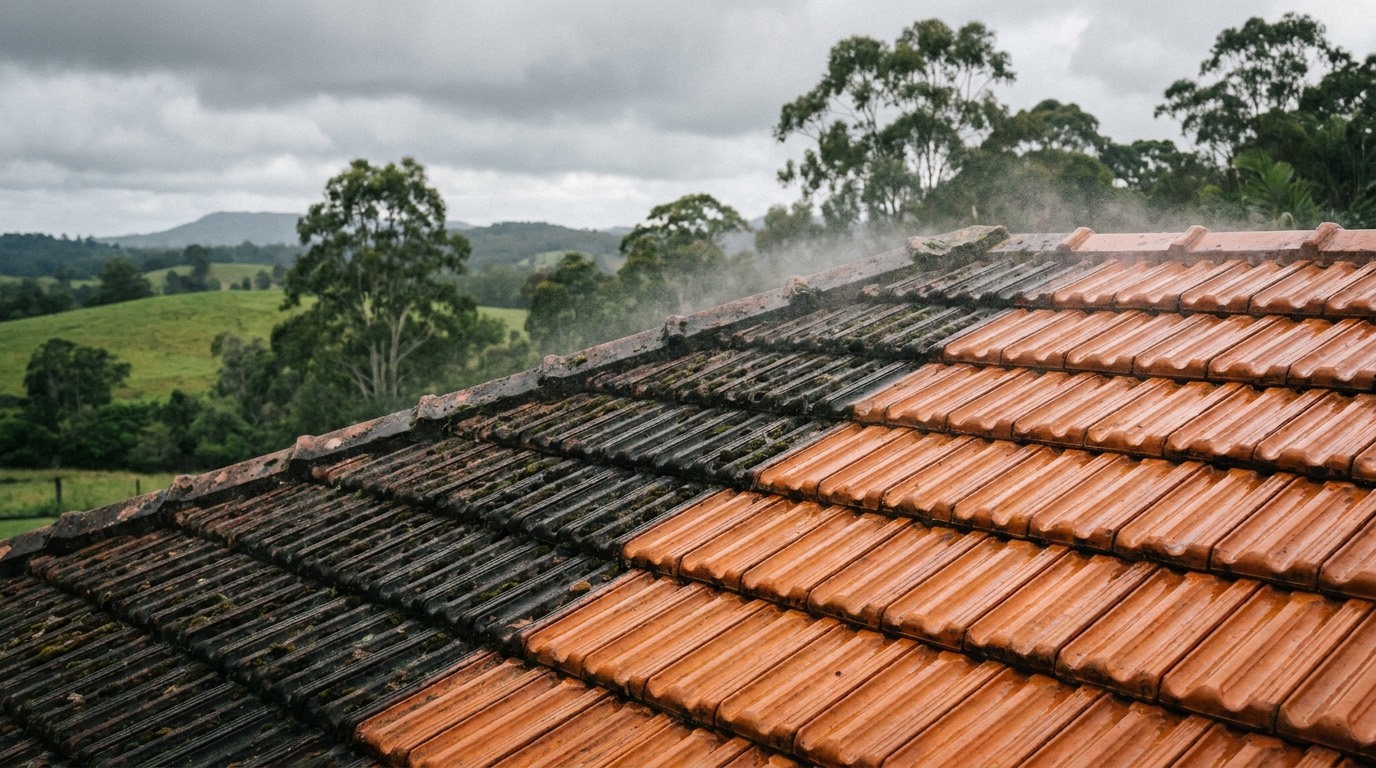 A tile roof part-way through a clean, half moss covered and half clear