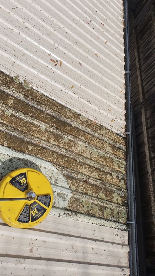 Ribbed exterior cladding being washed clean of green mould