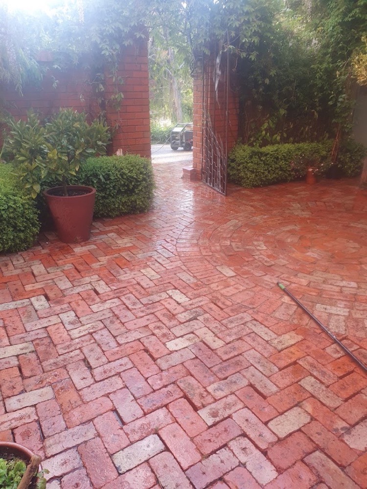 A herringbone brick path cleaned back to a deep red