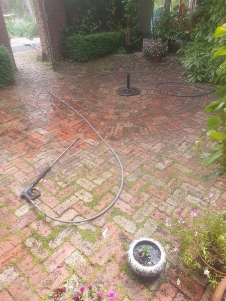 Brick paving washed down and left wet and clean