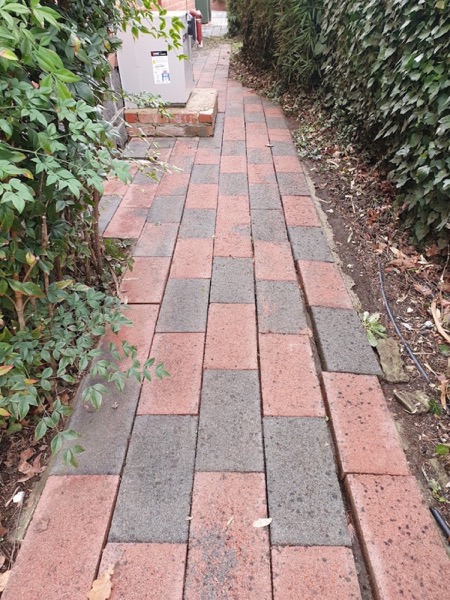 A red brick path cleaned through a garden bed