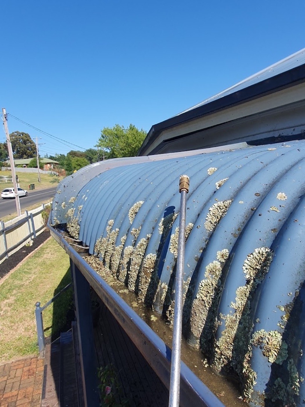A roof edge and gutter packed with moss and lichen, being cleared with a wand